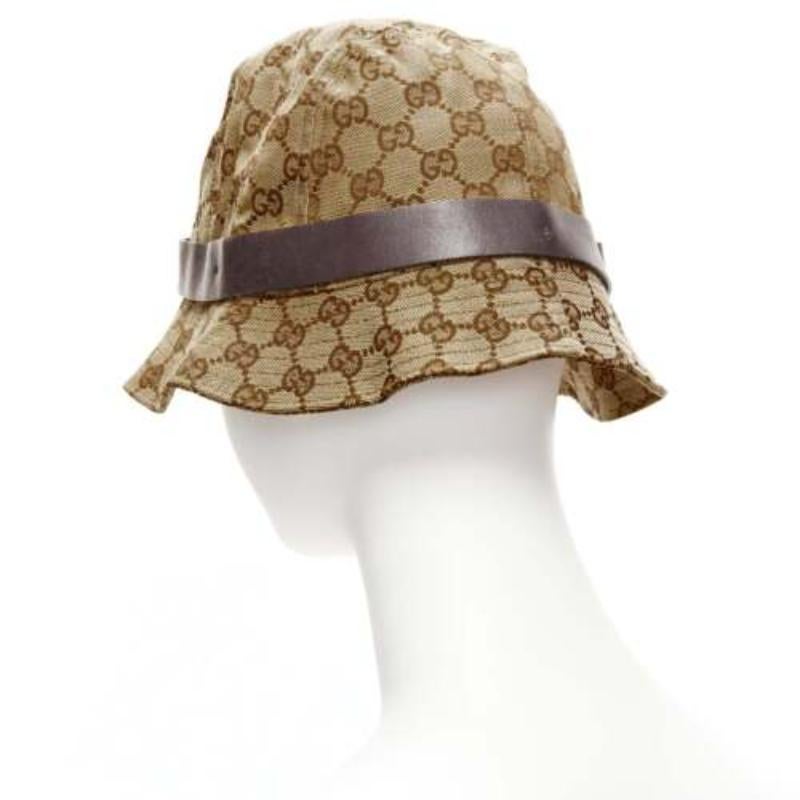 GUCCI Vintage brown GG monogram leather trim bucket hat L For Sale 1
