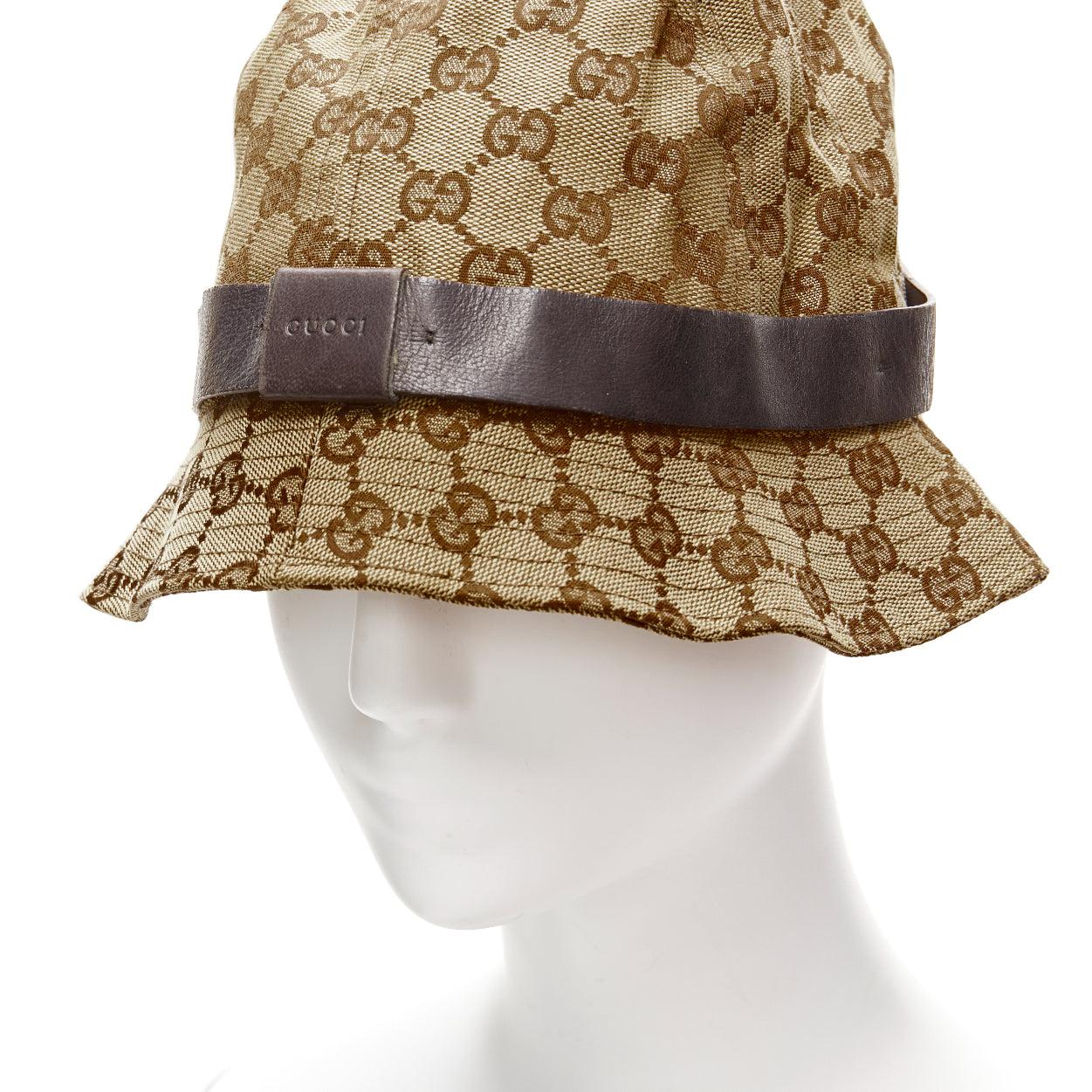 GUCCI Vintage brown GG monogram leather trim bucket hat L For Sale 2