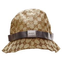 GUCCI Vintage brown GG monogram leather trim bucket hat L