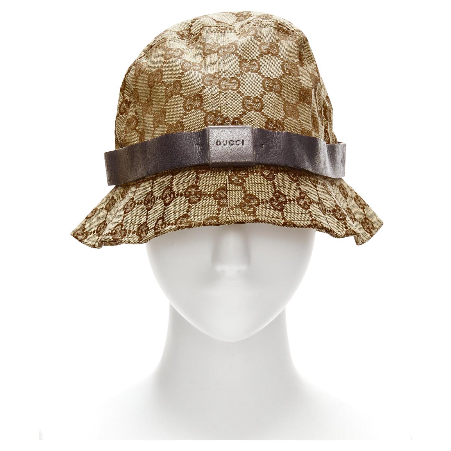 GUCCI Vintage brown GG monogram leather trim bucket hat L en vente