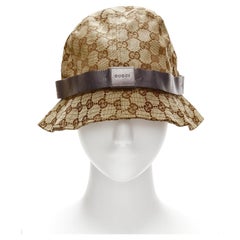 GUCCI Used brown GG monogram leather trim bucket hat L