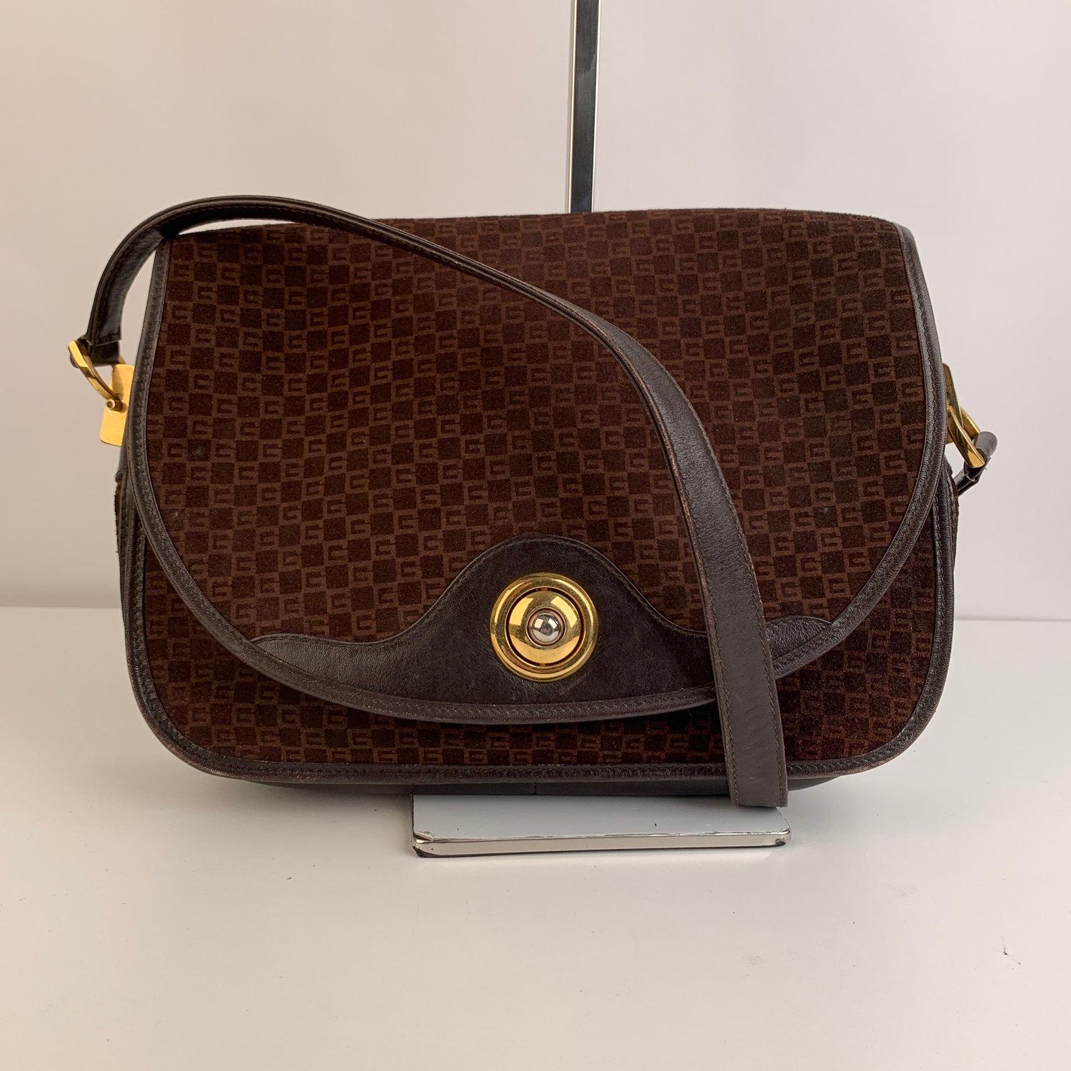 Gucci Vintage Brown GG Monogram Suede Shoulder or Messenger Bag 8