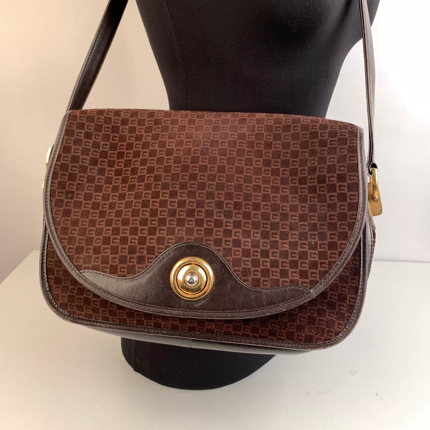 Gucci Vintage Brown GG Monogram Suede Shoulder or Messenger Bag 1