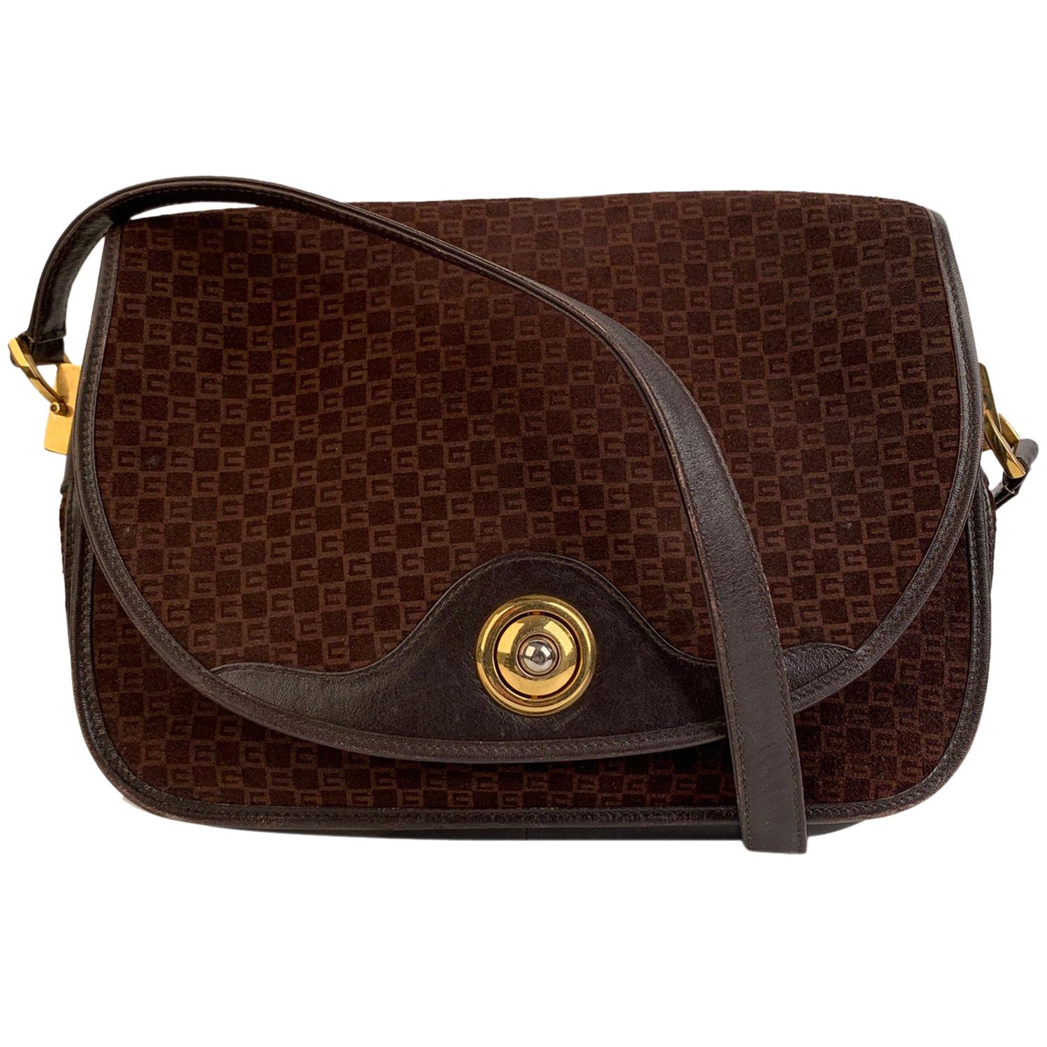 Gucci Vintage Brown GG Monogram Suede Shoulder or Messenger Bag