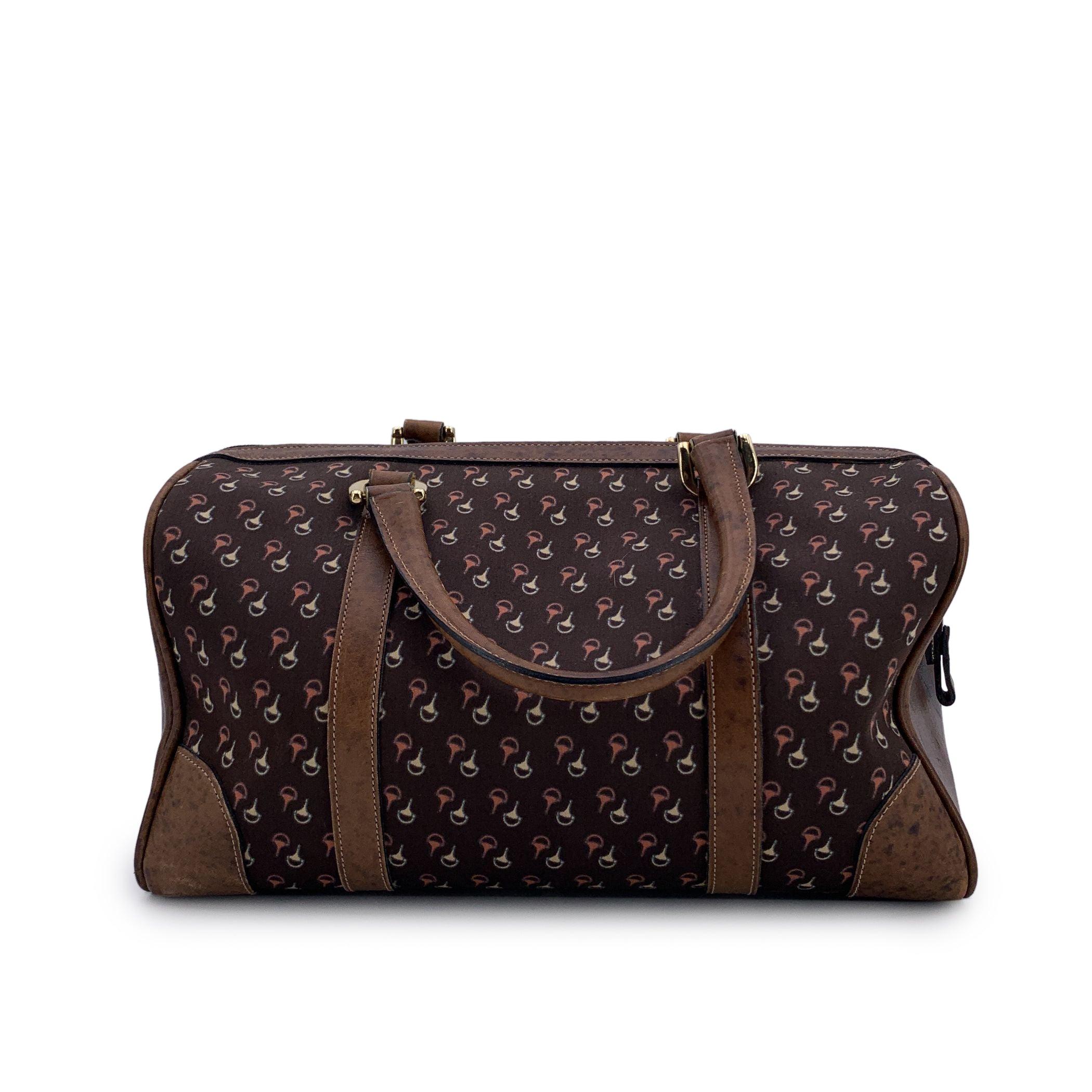 Black Gucci Vintage Brown Horsebit Canvas and Leather Boston Bag For Sale