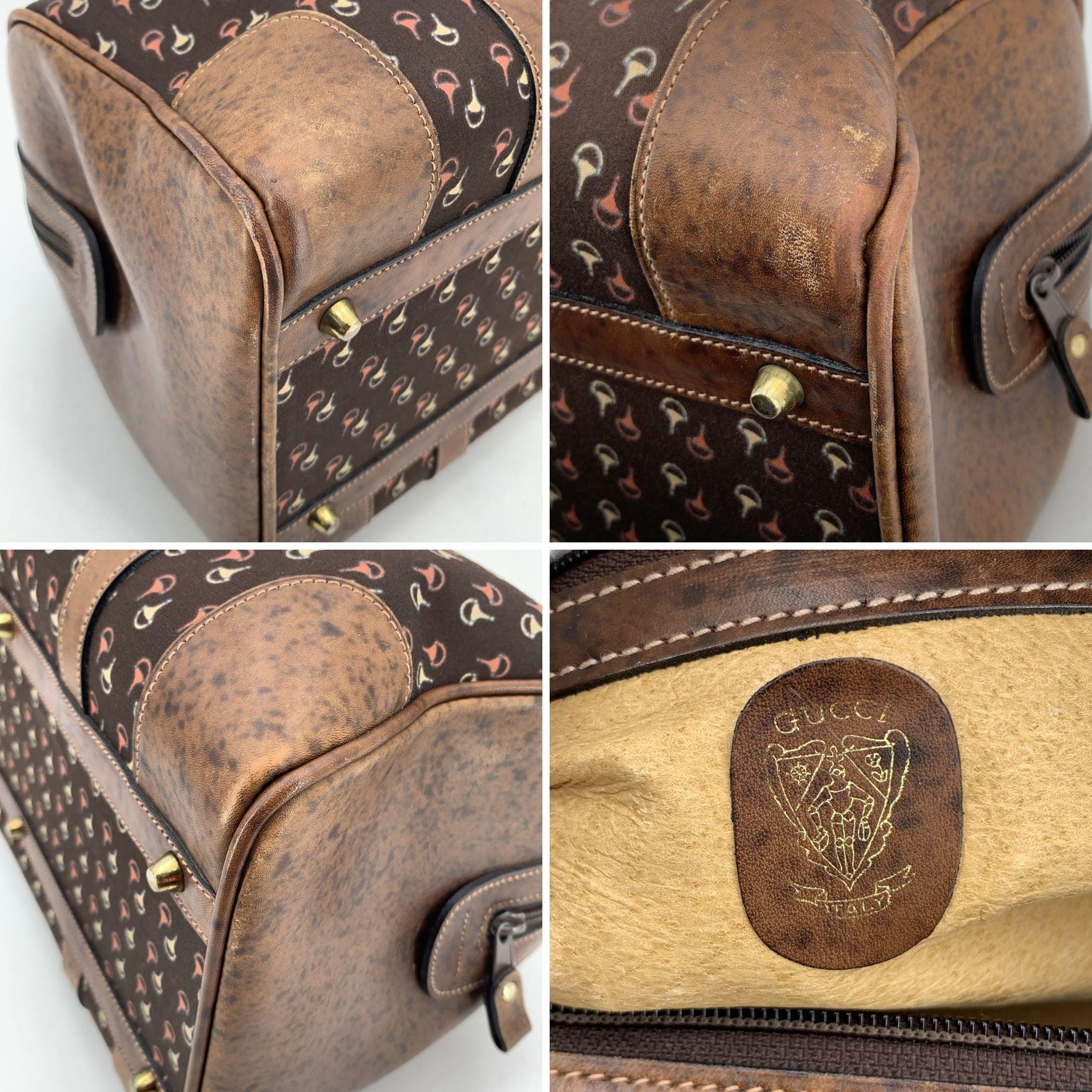 Gucci Vintage Brown Horsebit Canvas and Leather Boston Bag For Sale 1