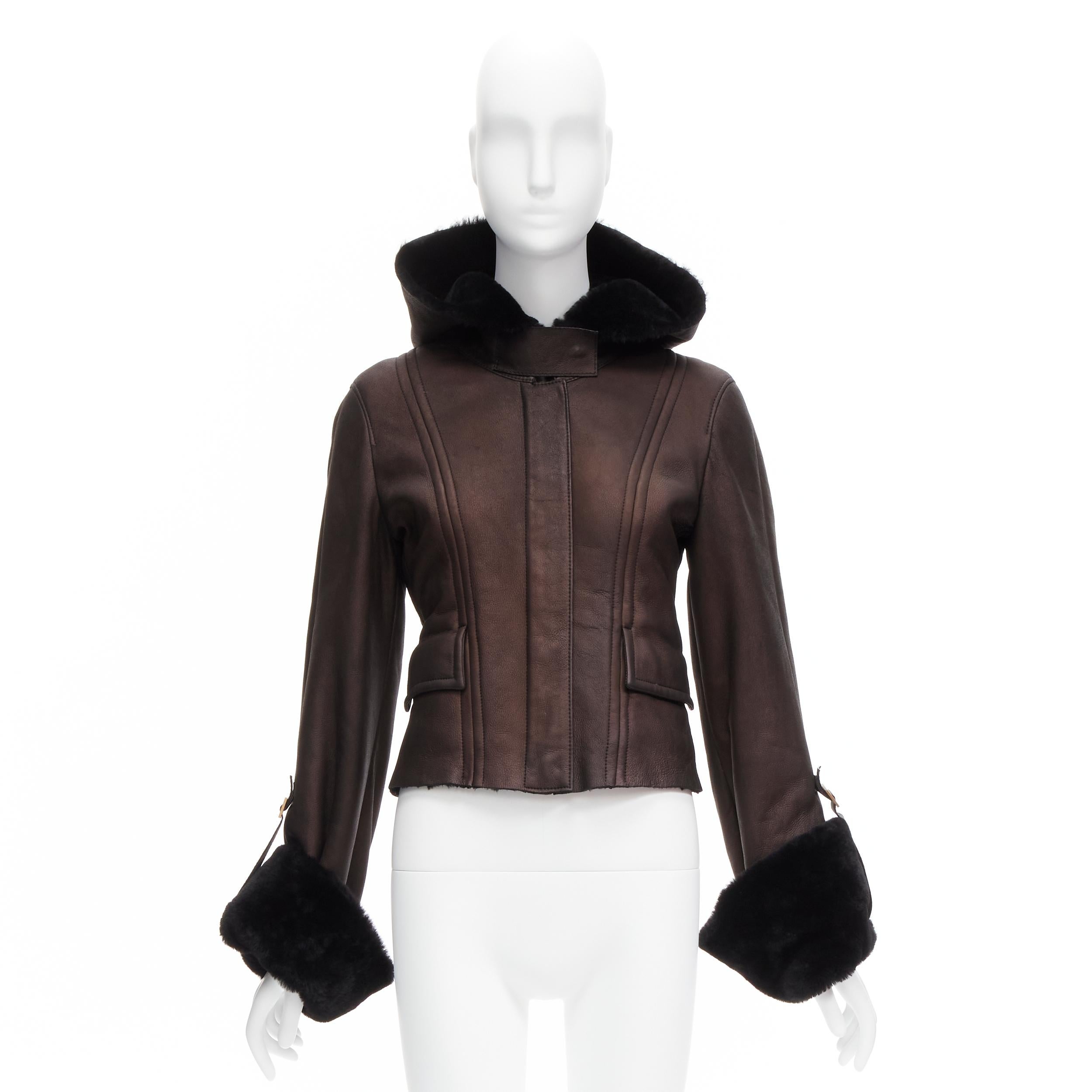 GUCCI Vintage Brown lambskin leather fur lined aviator bomber jacket IT40 S en vente 8