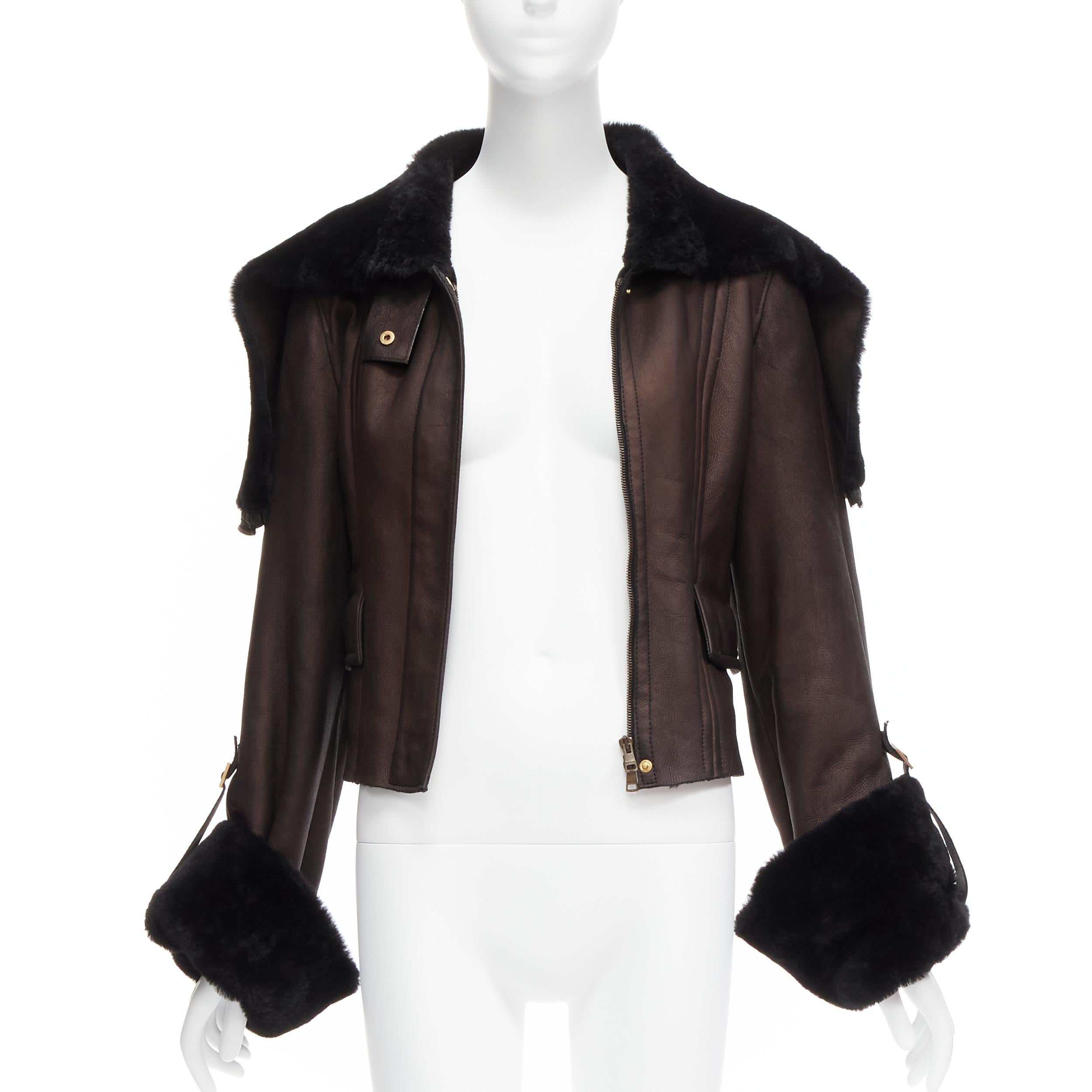 GUCCI Vintage Brown lambskin leather fur lined aviator bomber jacket IT40 S Bon état - En vente à Hong Kong, NT