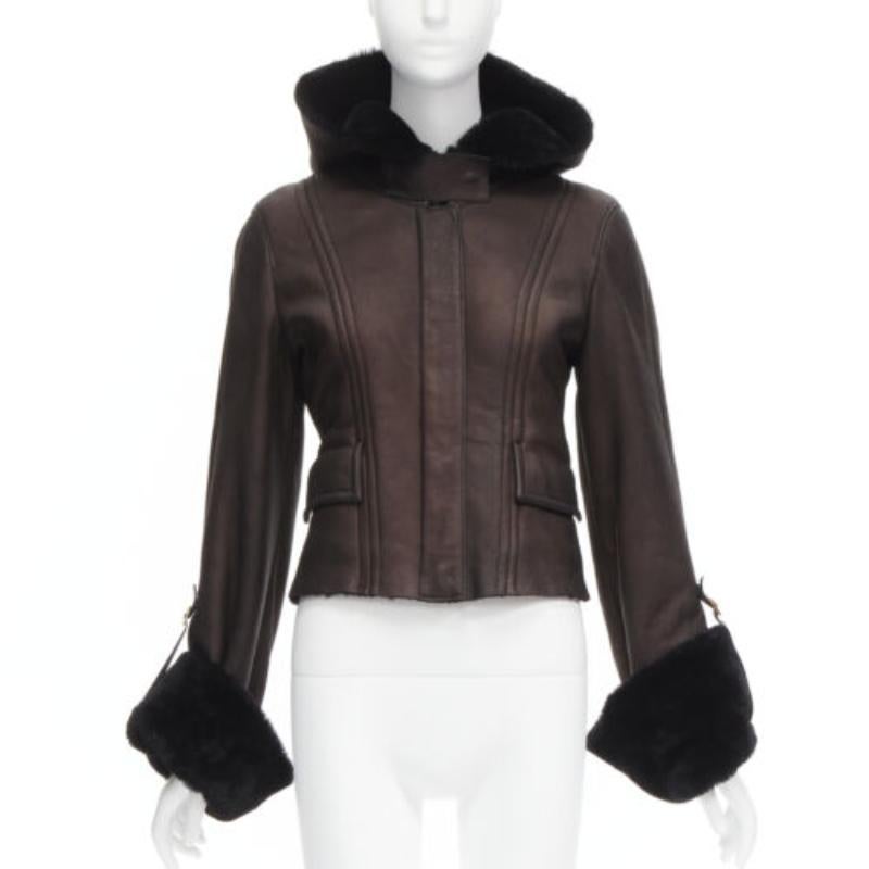 Black GUCCI Vintage brown lambskin leather fur lined aviator bomber jacket IT40 S