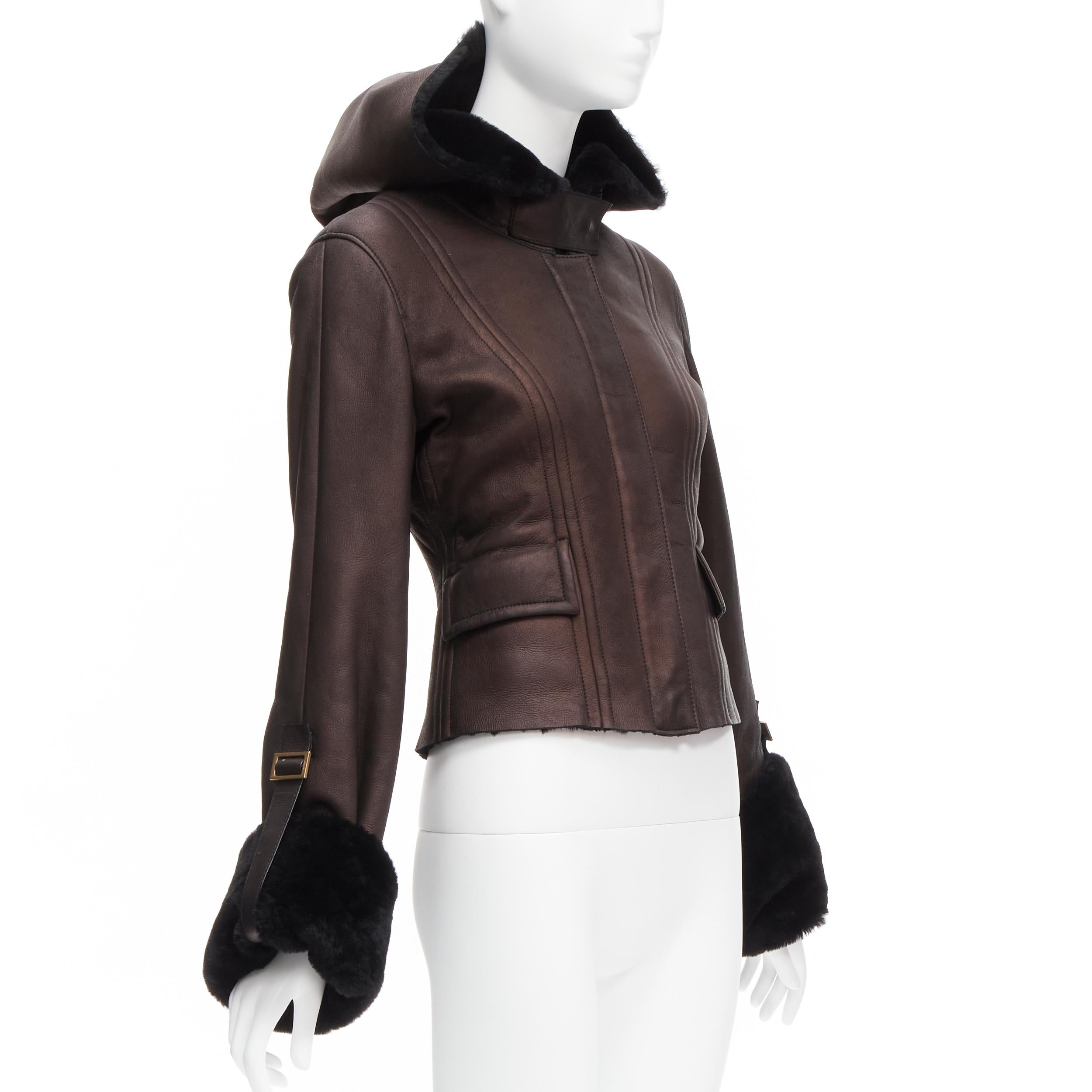 Women's GUCCI Vintage brown lambskin leather fur lined aviator bomber jacket IT40 S For Sale