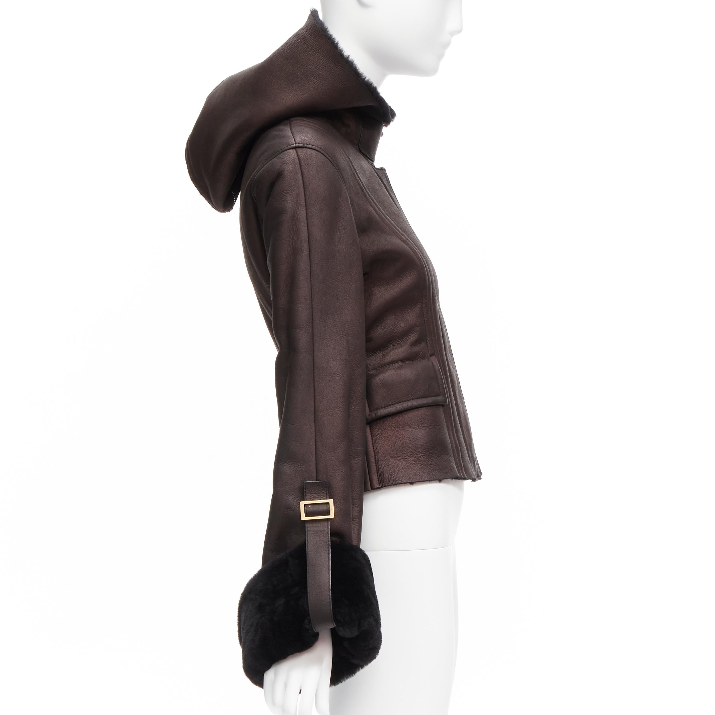 GUCCI Vintage Brown lambskin leather fur lined aviator bomber jacket IT40 S en vente 1