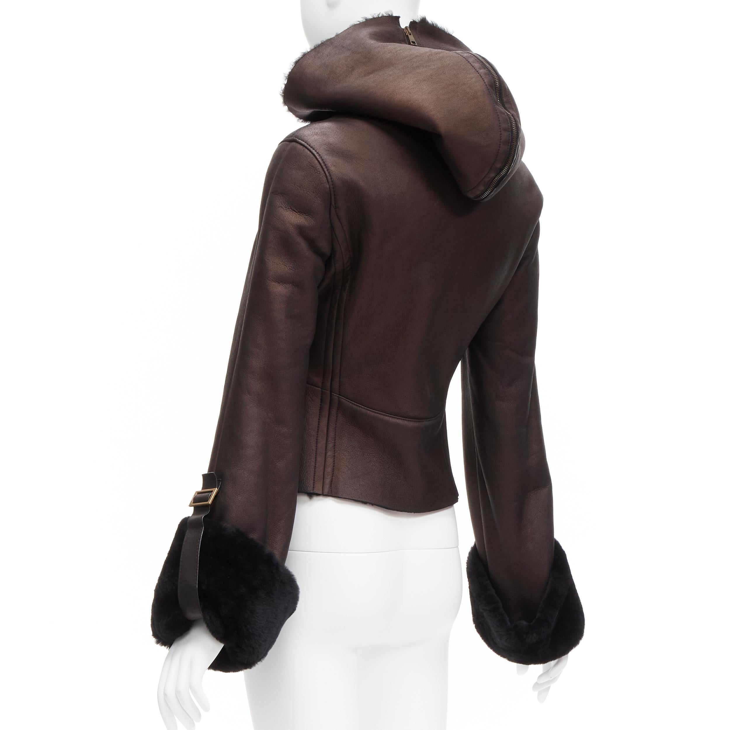 GUCCI Vintage Brown lambskin leather fur lined aviator bomber jacket IT40 S en vente 3