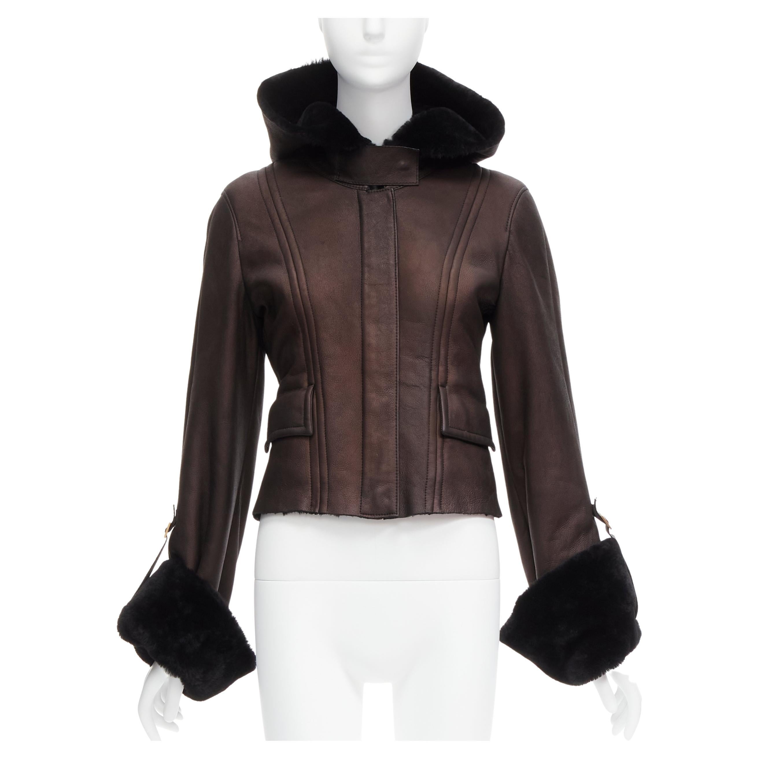 GUCCI Vintage Brown lambskin leather fur lined aviator bomber jacket IT40 S en vente