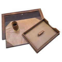 Gucci Vintage Brown Leather 3 Pieces Desk Set Blotter Pen Holder Tray