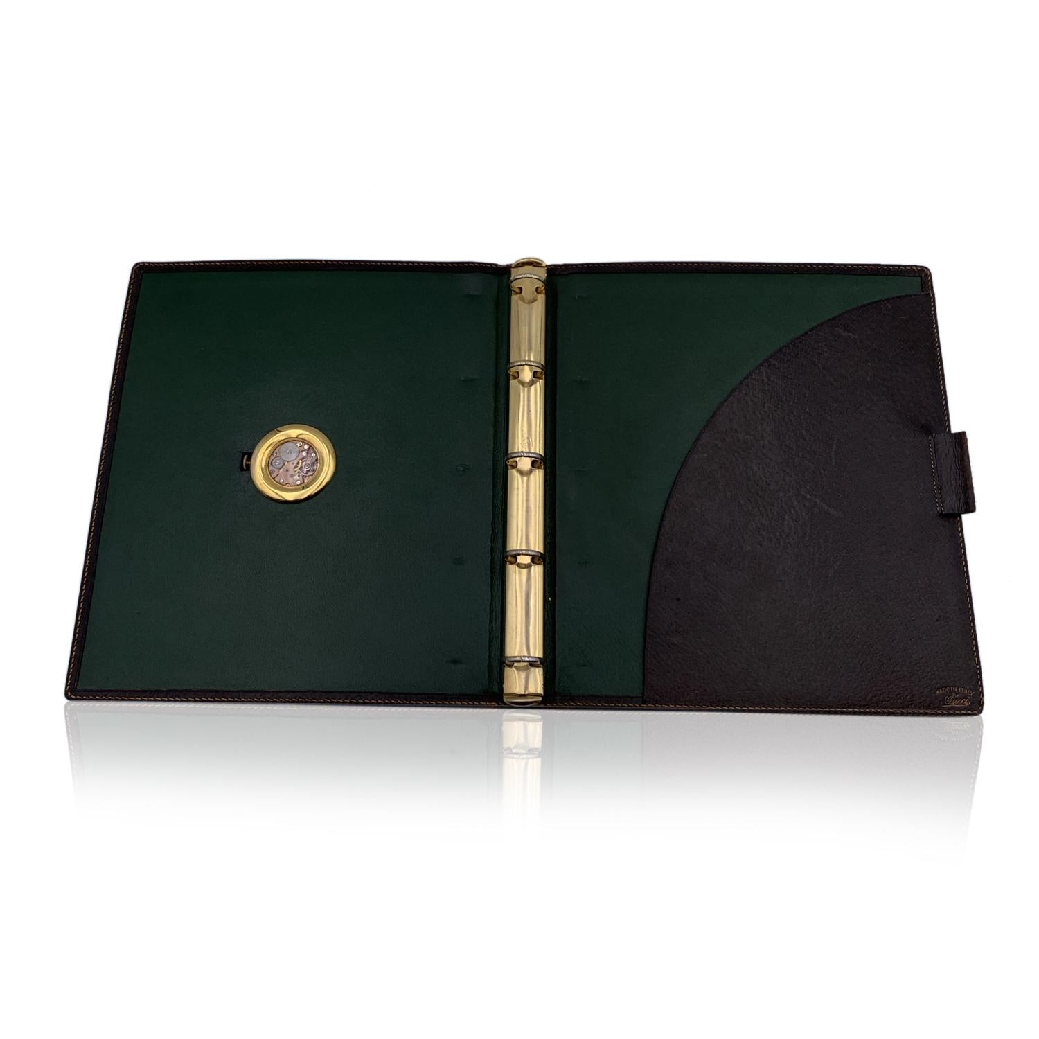 Gray Gucci Vintage Brown Leather 5 Ring Agenda Notebook Cover with Watch