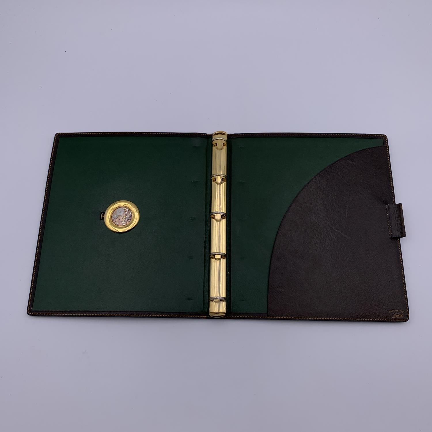 Gucci Vintage Brown Leather 5 Ring Agenda Notebook Cover with Watch In Good Condition In Rome, Rome