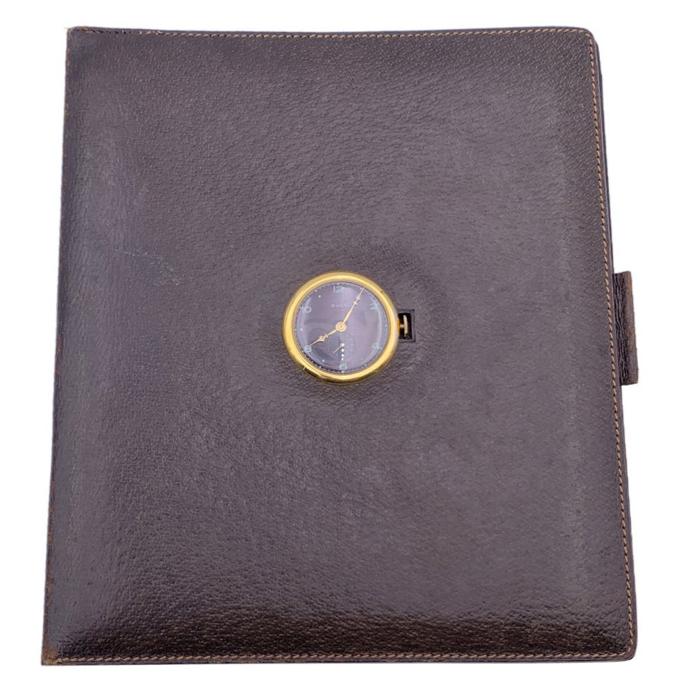 Gucci Vintage Brown Leather 5 Ring Agenda Notebook Cover with Watch