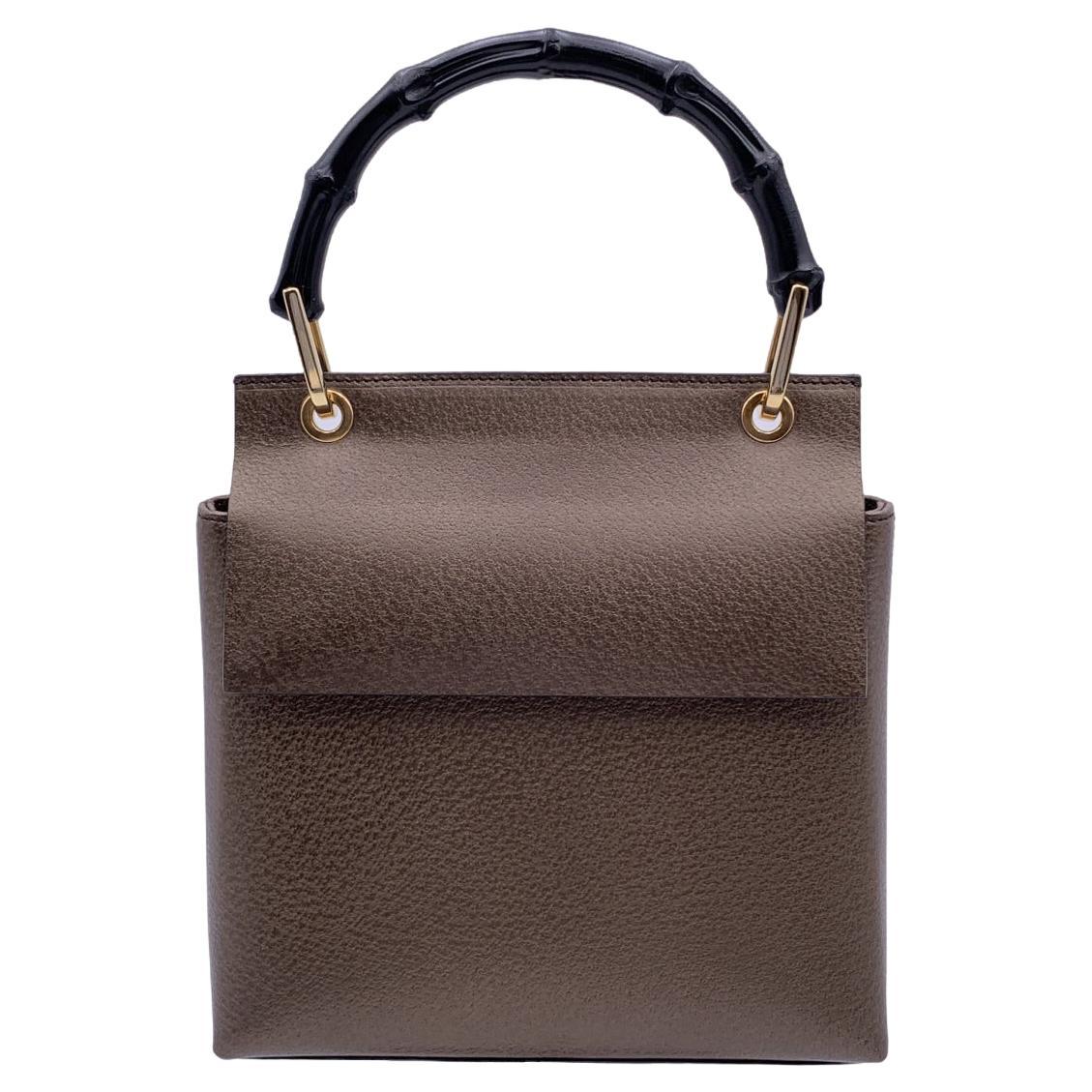 Gucci Vintage Brown Leather Bamboo Handle Small Box Handbag Bag