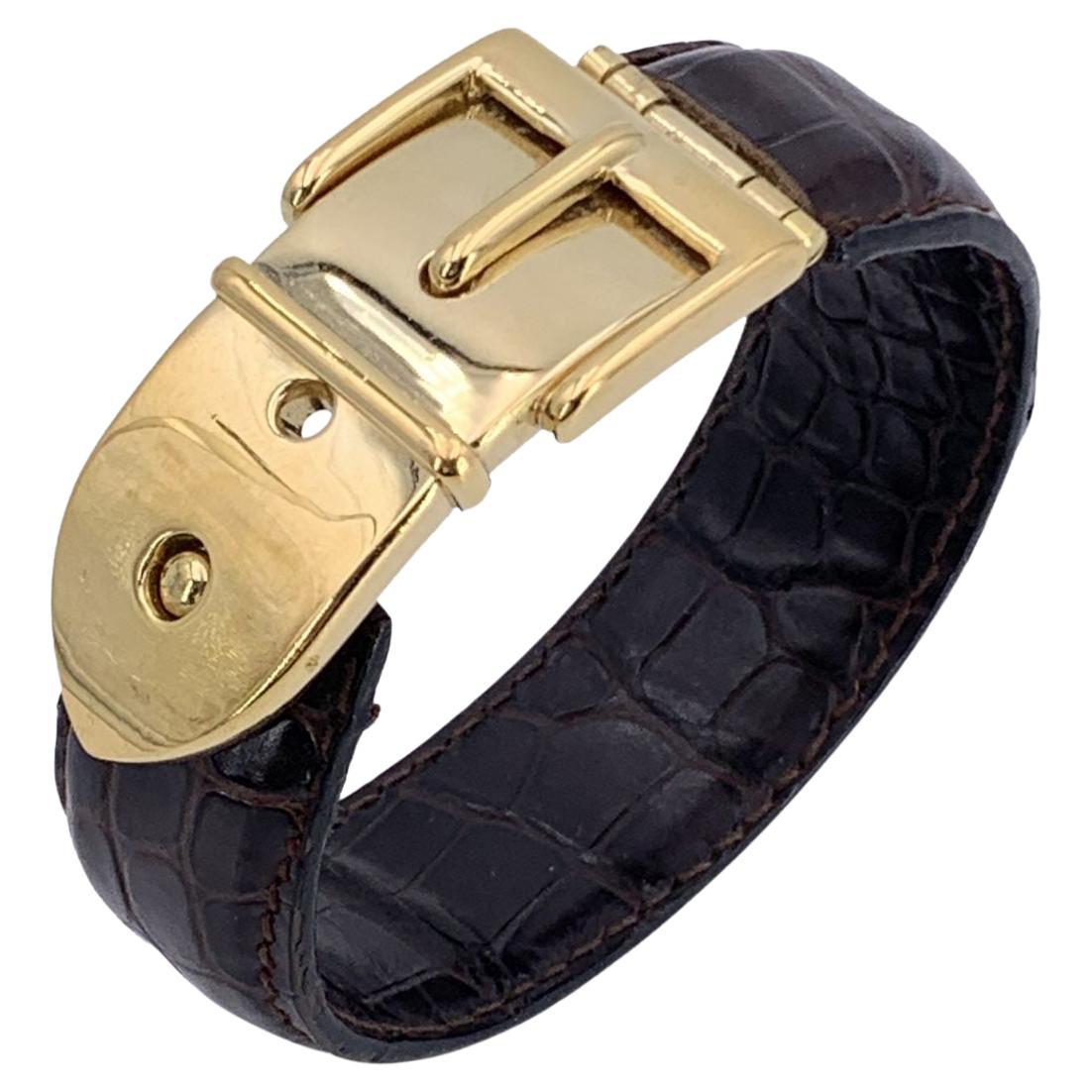 Gucci Vintage Brown Leather Belt Bangle Cuff Bracelet Gold Buckle For Sale