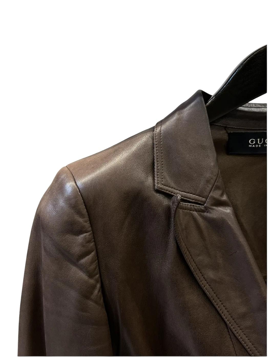 Gucci Vintage Brown Leather Blazer Jacket en vente 1