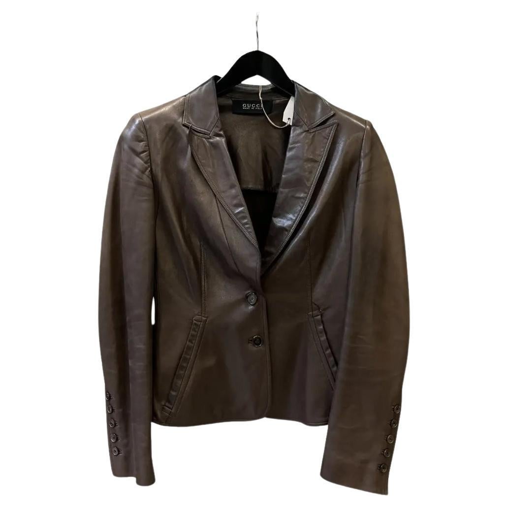 Gucci Vintage Brown Leather Blazer Jacket en vente
