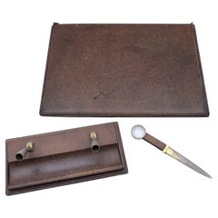 Gucci Vintage Brown Leather Desk Set Blotter Pen Holder Opener