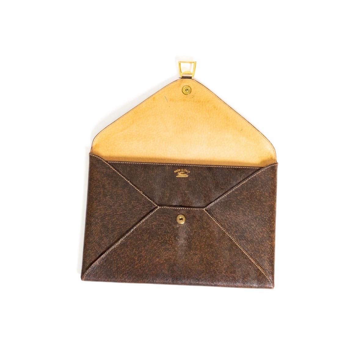 Gucci Vintage Brown Leather Envelope Clutch (1970s) 2