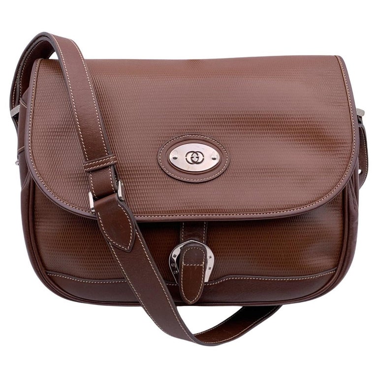 Gucci Vintage Brown Leather Flap Crossbody Messenger Bag For Sale at