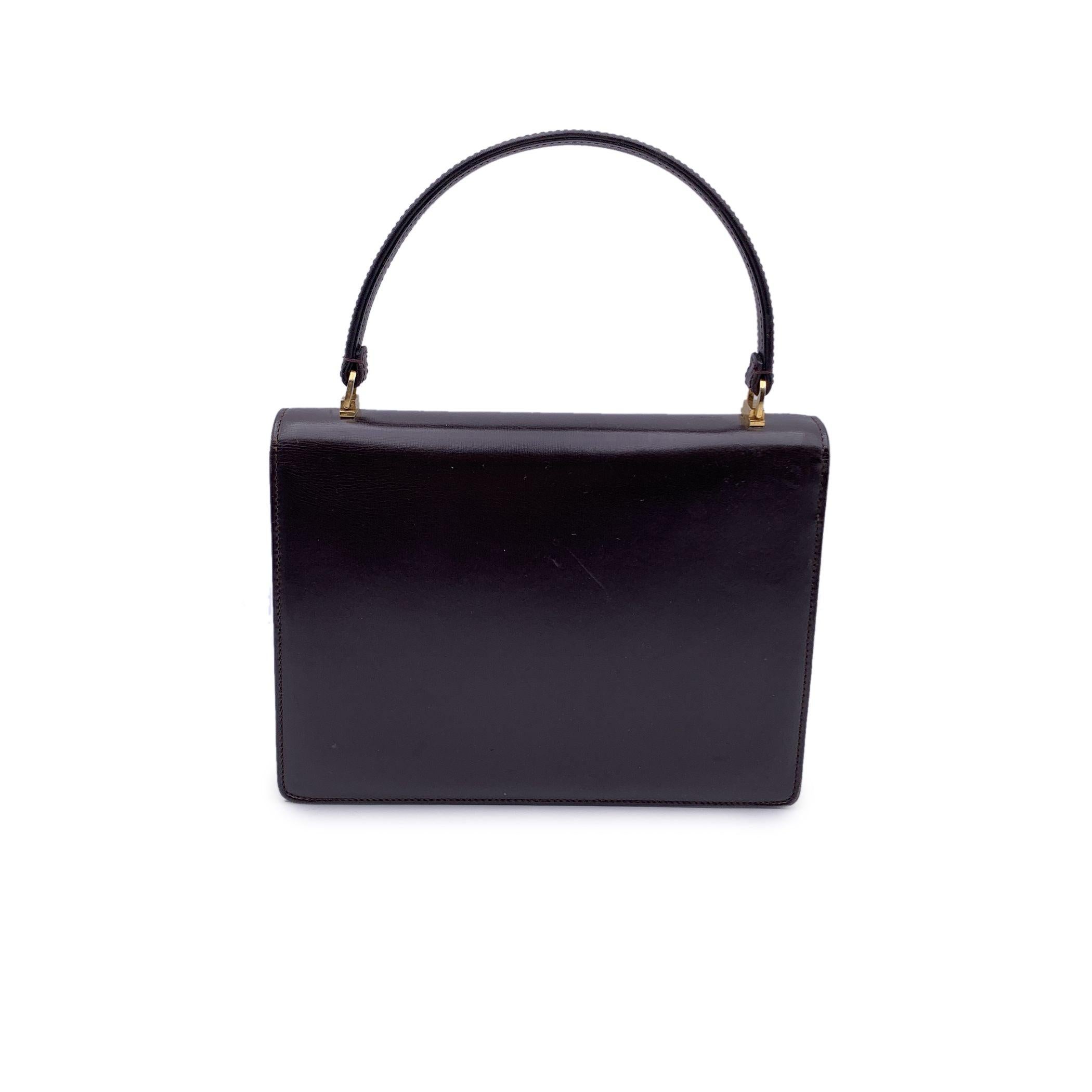 Black Gucci Vintage Brown Leather Flap Handbag Bag Satchel Gold Closure For Sale