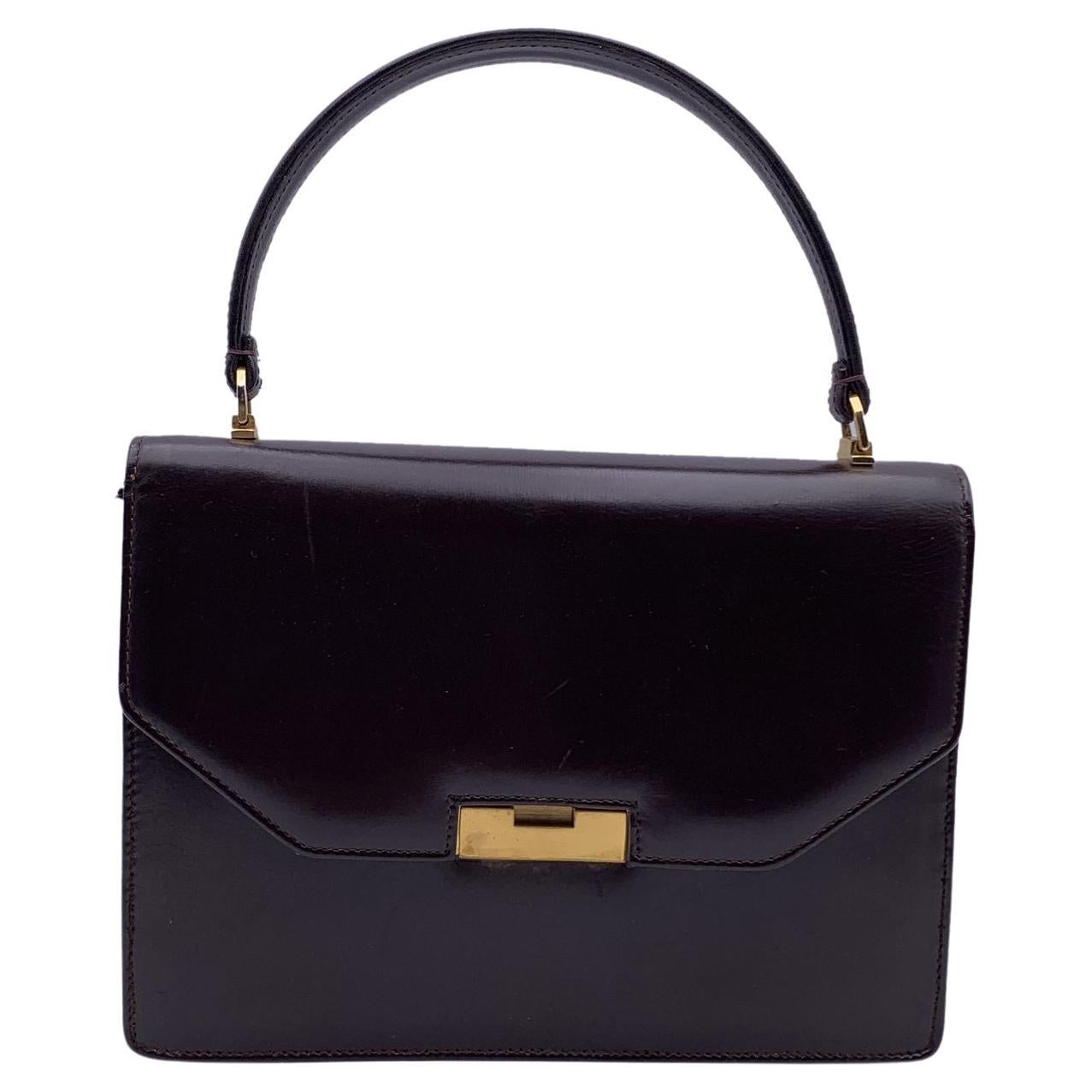 Gucci Vintage Brown Leather Flap Handbag Bag Satchel Gold Closure