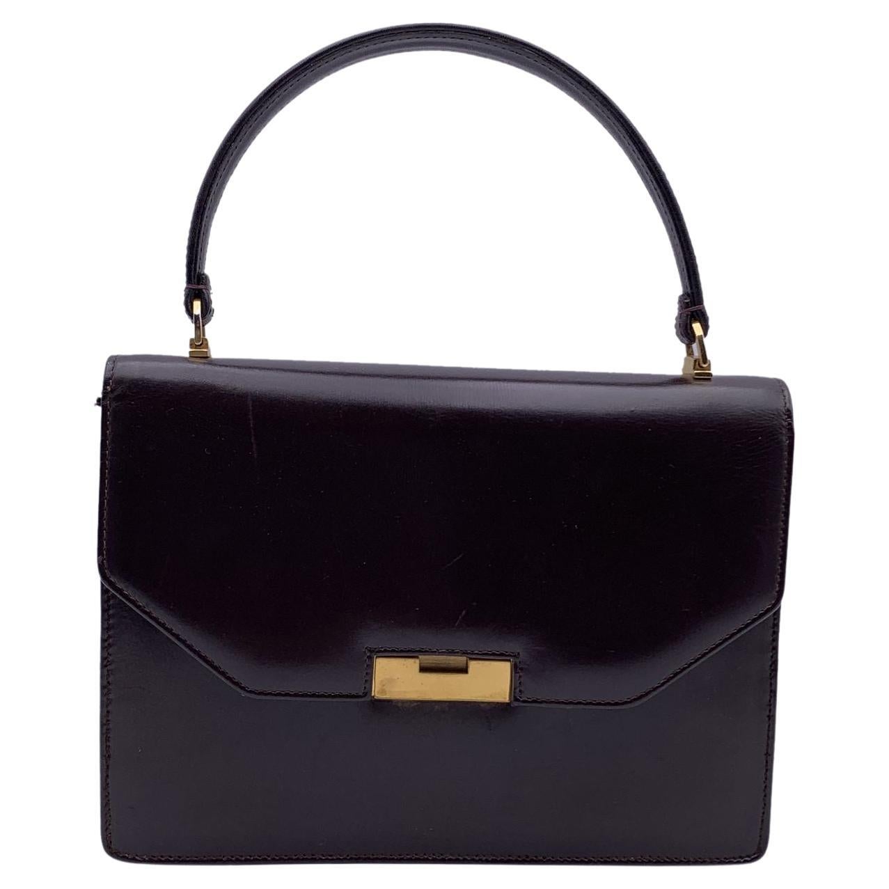 Gucci Vintage Brown Leather Flap Handbag Bag Satchel Gold Closure For Sale
