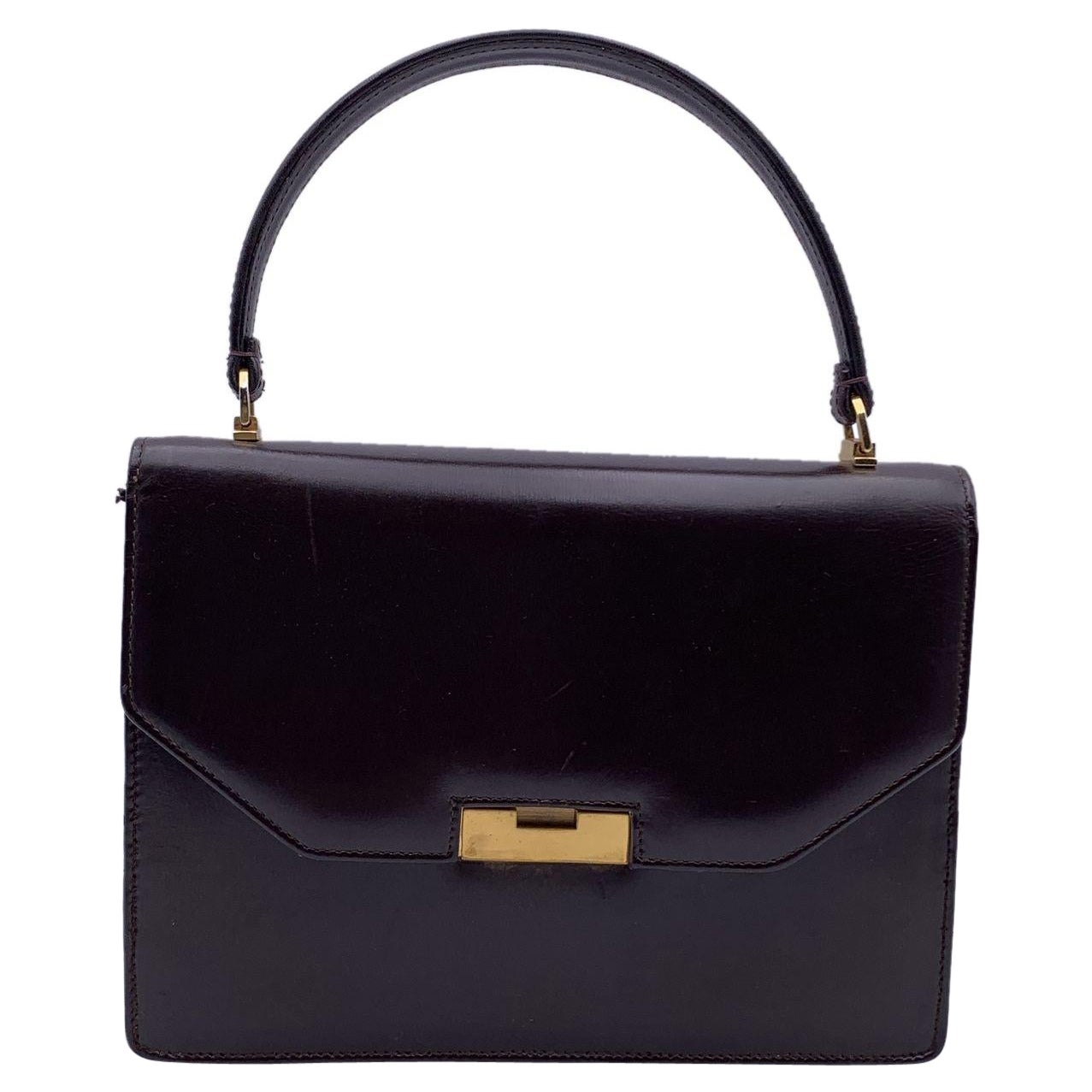 Gucci Vintage Brown Leather Flap Handbag Satchel Gold Closure