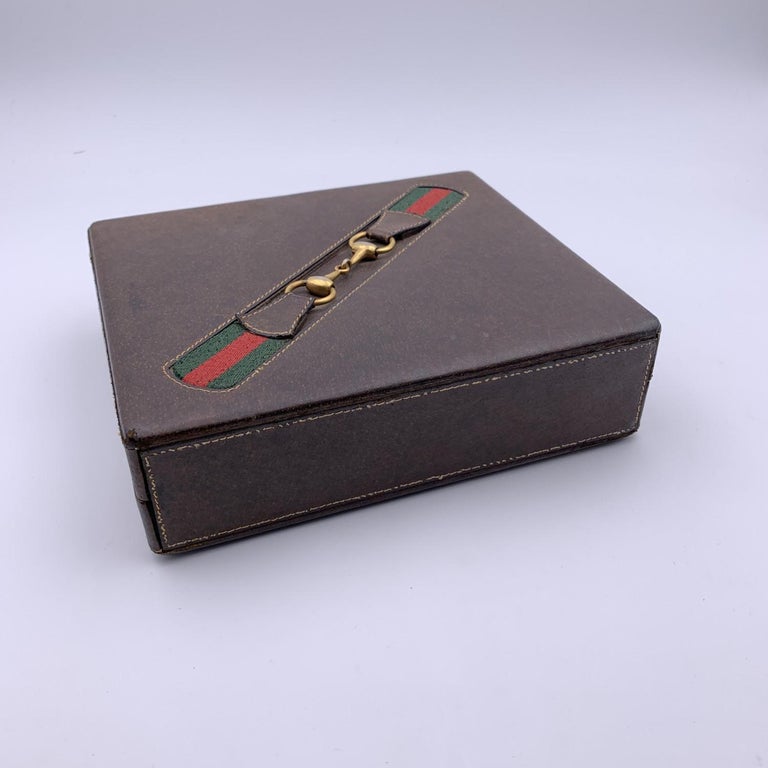 Gucci Vintage Brown Leather Gaming Case Poker Set with Stripes at