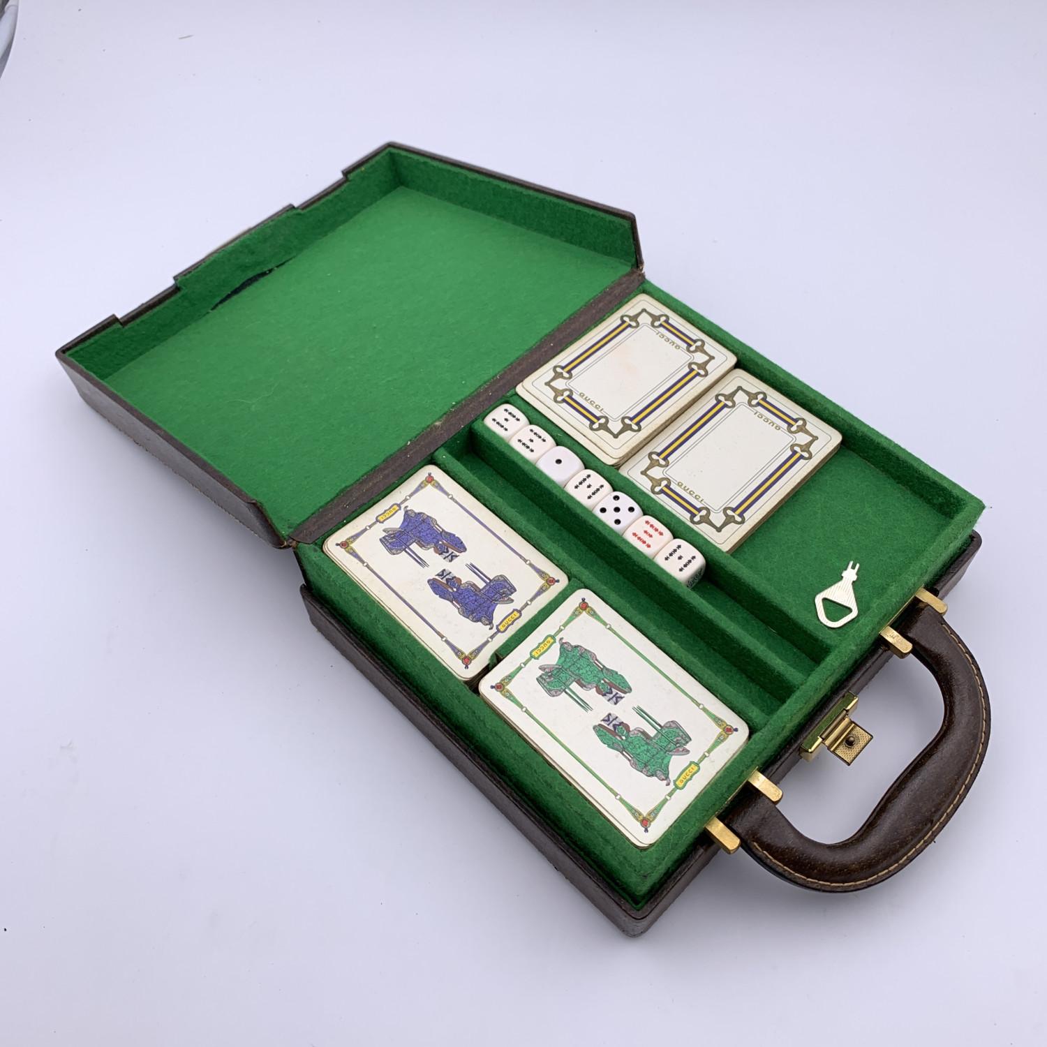 Gucci Vintage Brown Leather Gaming Case Poker Set with Stripes In Good Condition In Rome, Rome