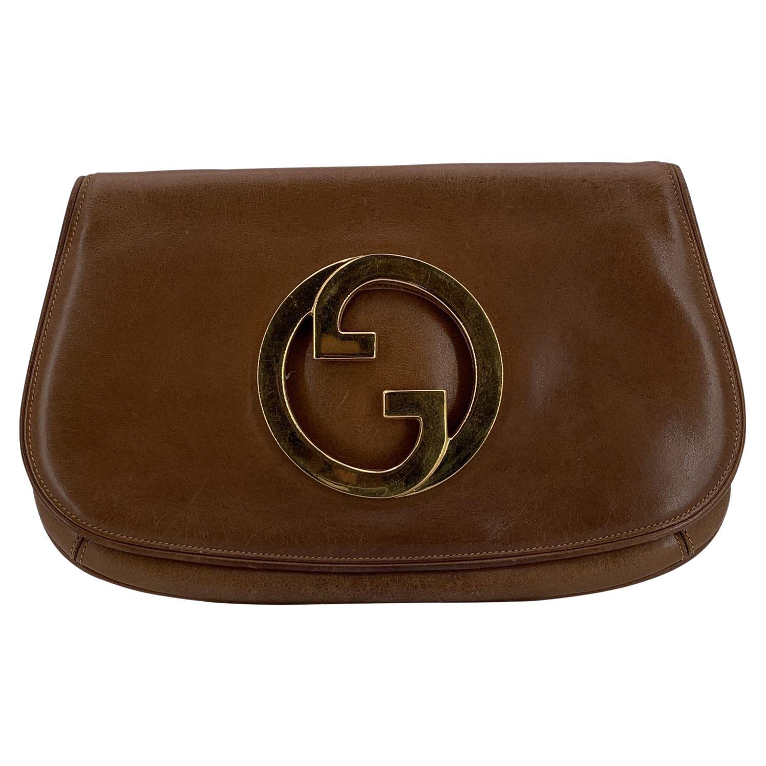 Gucci Vintage Brown Leather GG Blondie Clutch Bag Flap Handbag For Sale
