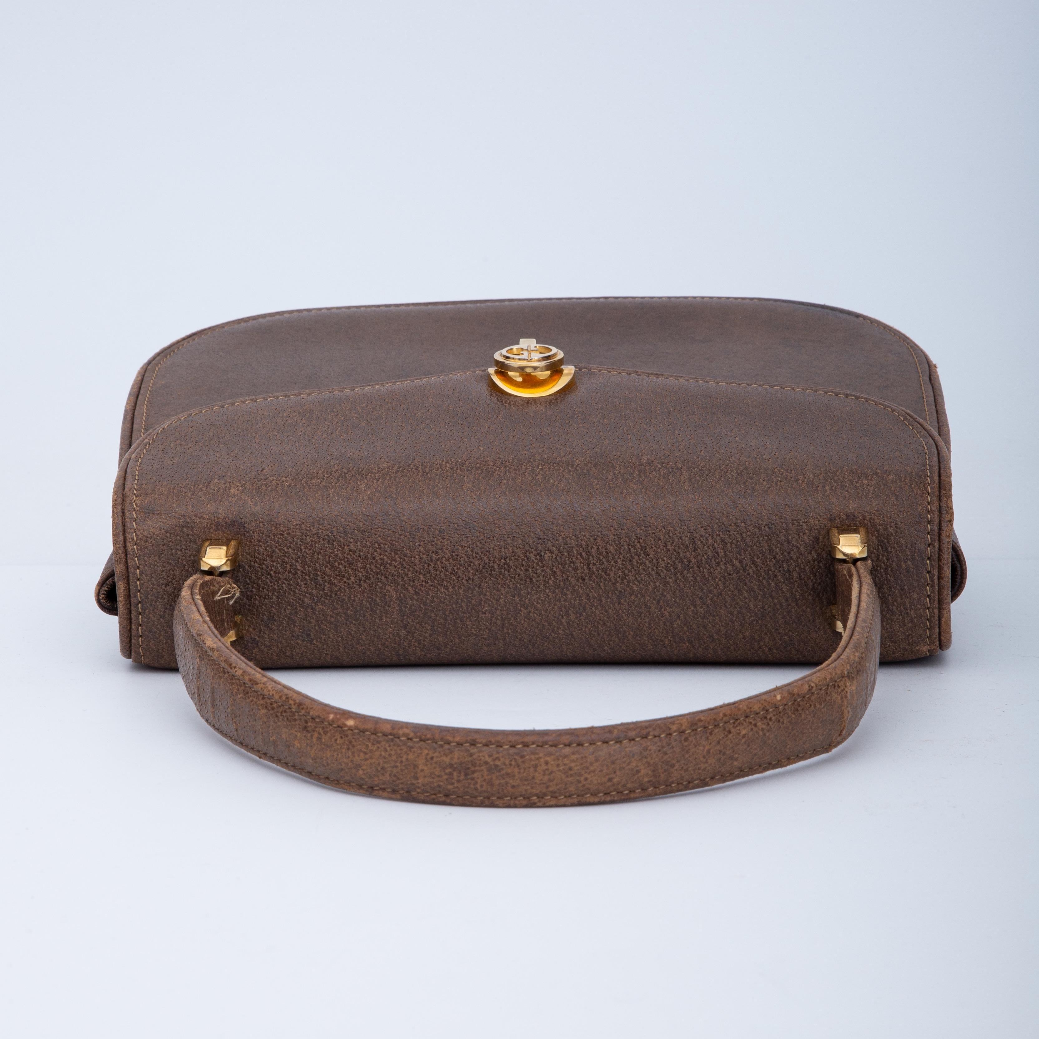 Women's or Men's Gucci Vintage Brown Leather Gg Flip Lock Handbag (Circa 1955) Rare