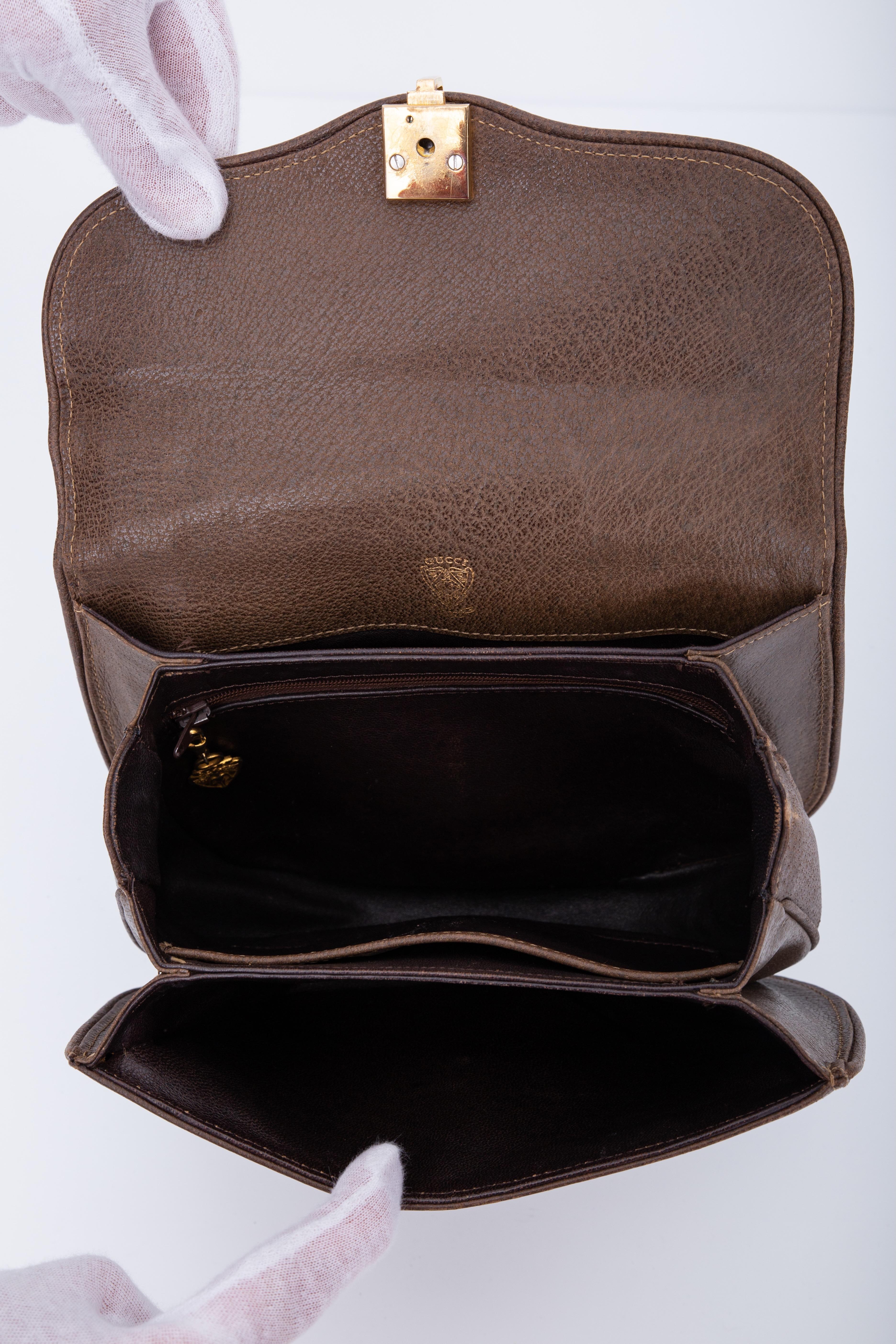 Gucci Vintage Brown Leather Gg Flip Lock Handbag (Circa 1955) Rare 2