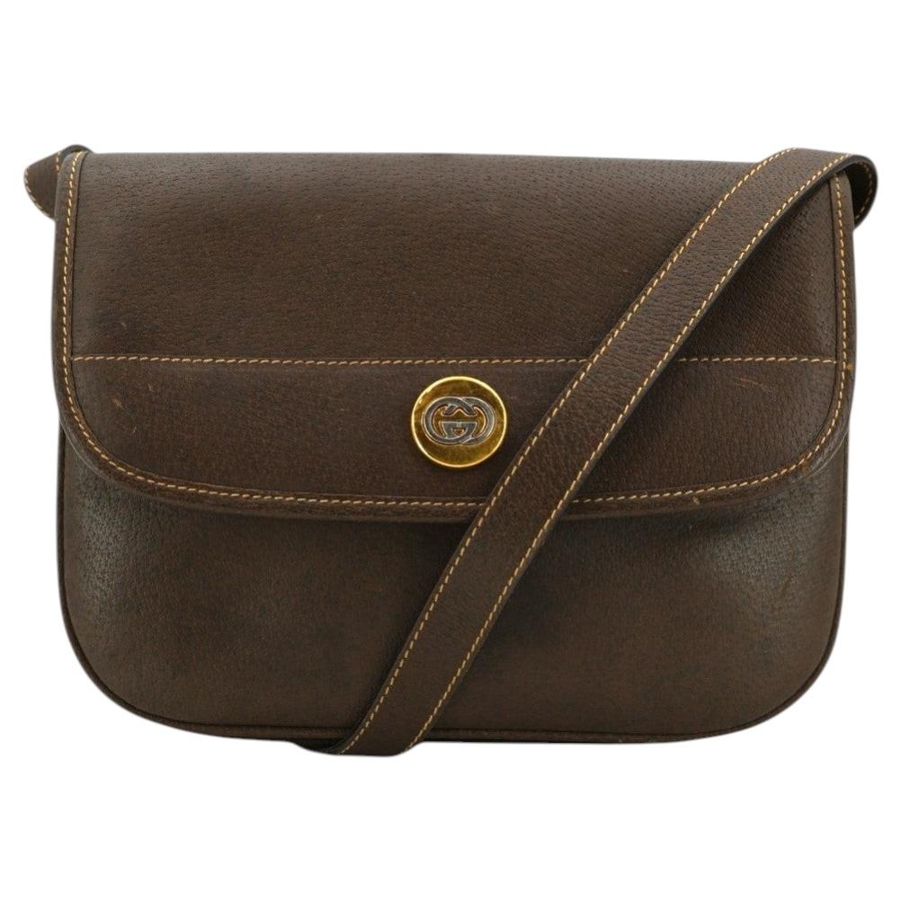 Gucci Vintage Brown Leather GG Logo Flap Crossbody Bag