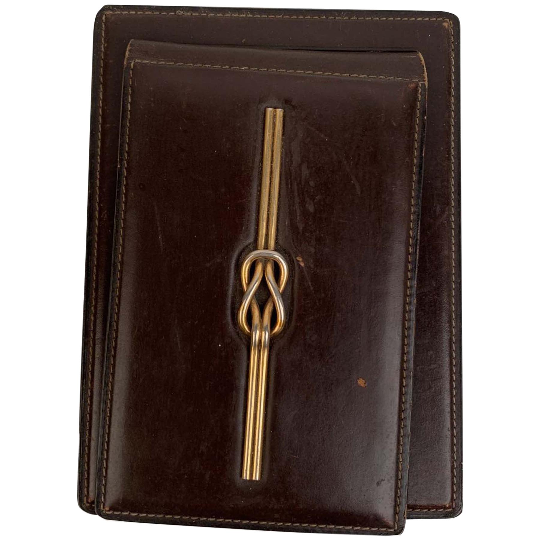 Gucci Vintage Brown Leather Gold Knot Desk Notebook Holder