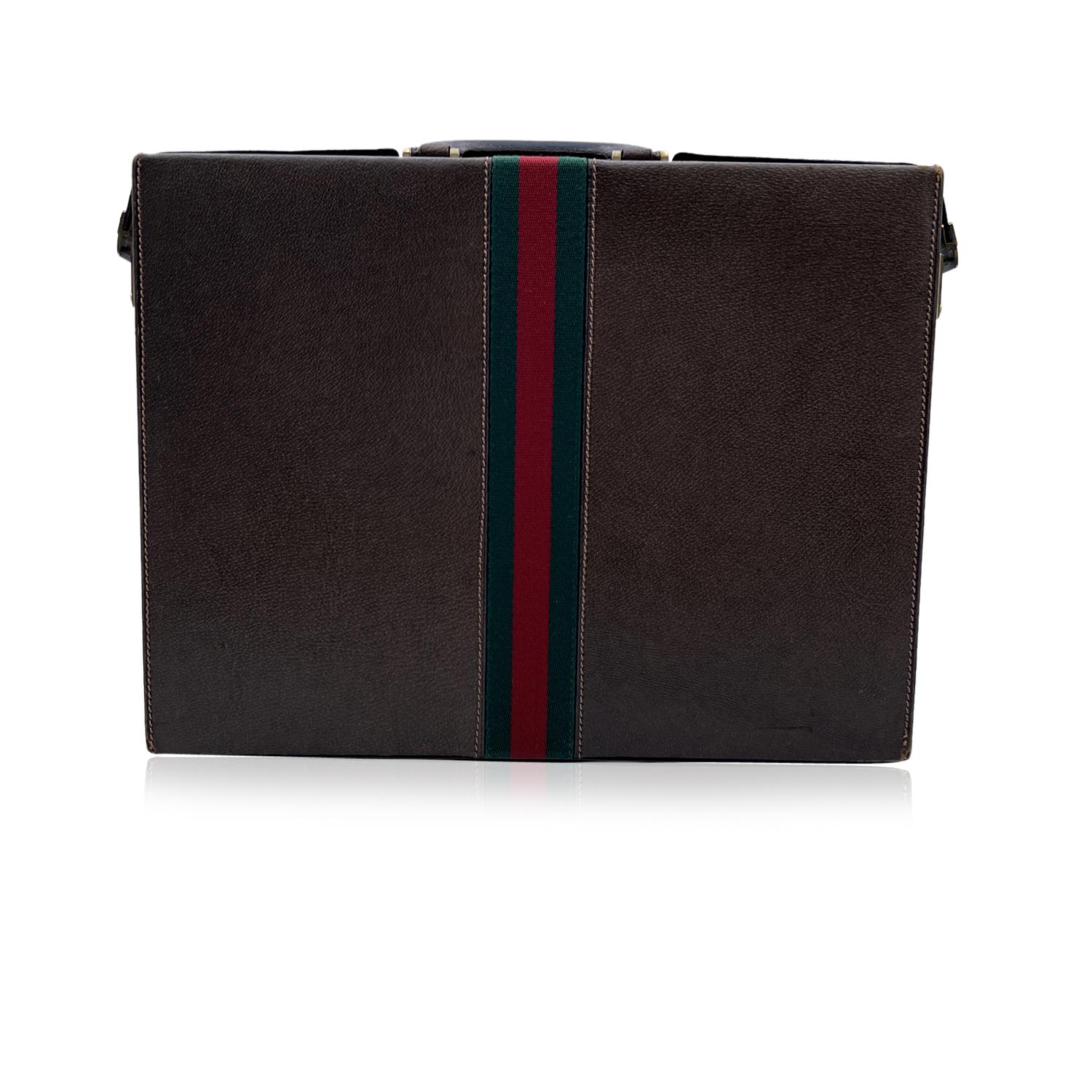 Black Gucci Vintage Brown Leather Hard Side Briefcase Work Bag with Stripes