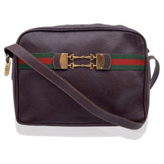 Gucci Vintage Brown Leather Horsebit Shoulder Bag with Stripes