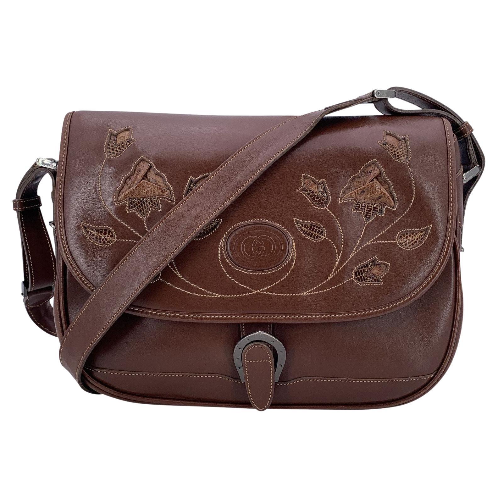 Gucci Vintage Brown Leather Intarsia Flower Flap Shoulder Bag