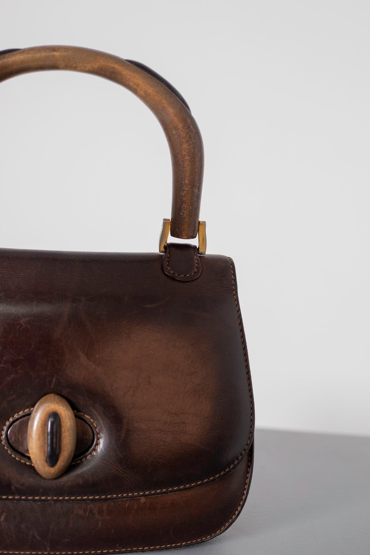 Gucci Vintage Brown Leather Italian  Handbag 1940 In Good Condition In Milano, IT