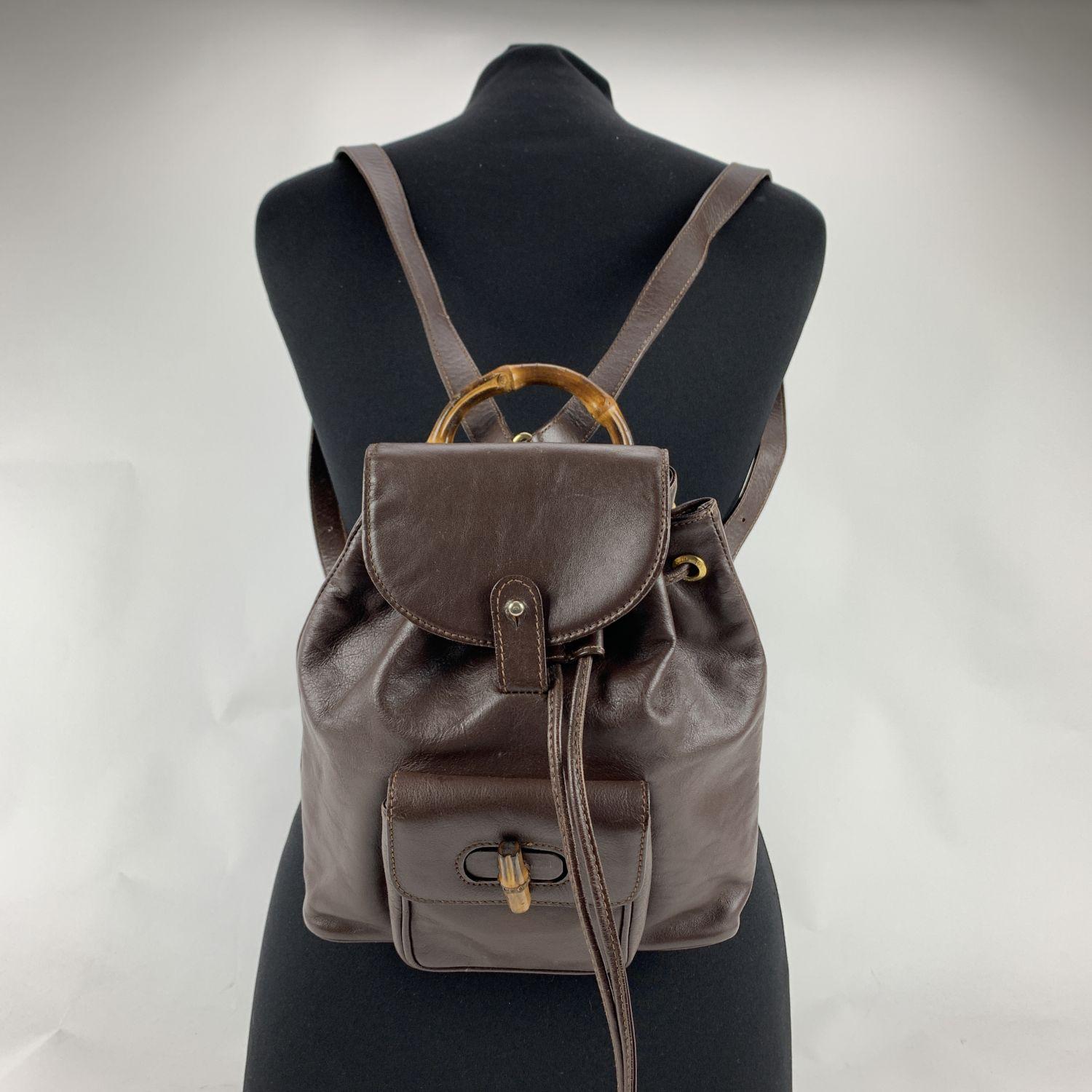 Black Gucci Vintage Brown Leather Small Bamboo Backpack Shoulder Bag