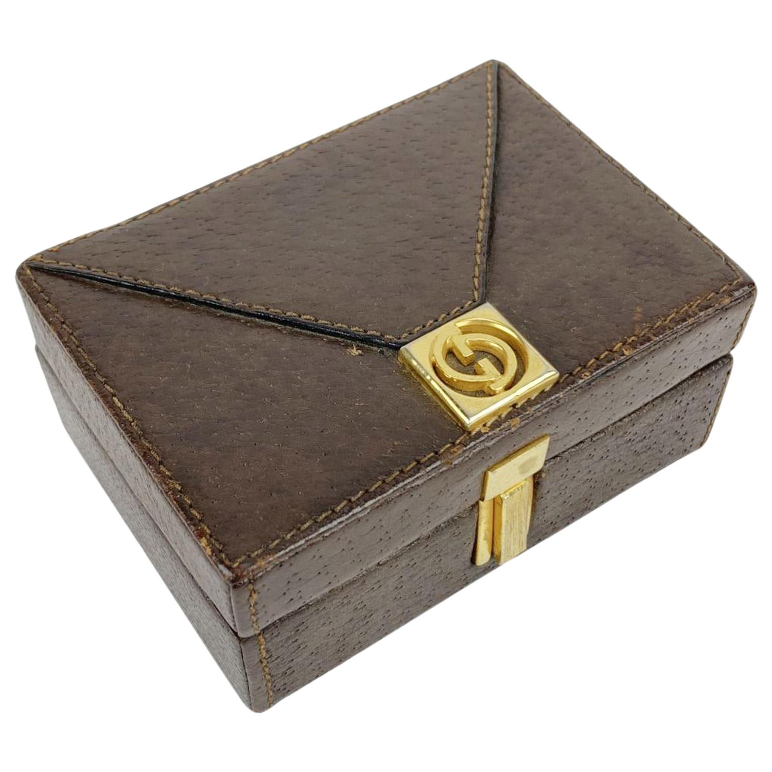 Gucci Vintage Brown Leather Small Jewelry Trinket Box