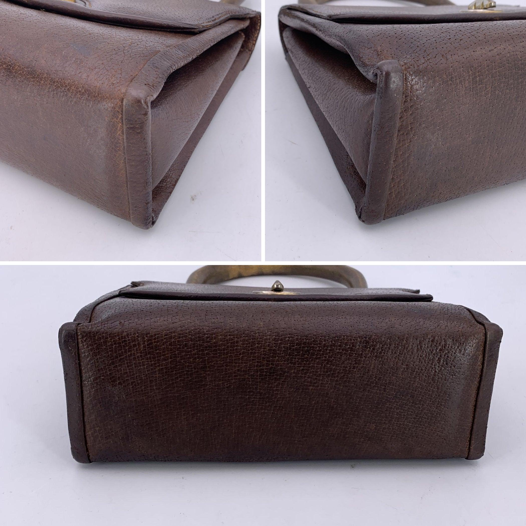 Gucci Vintage Braun Leder Top Wood Handle Tasche Handtasche im Zustand „Gut“ im Angebot in Rome, Rome