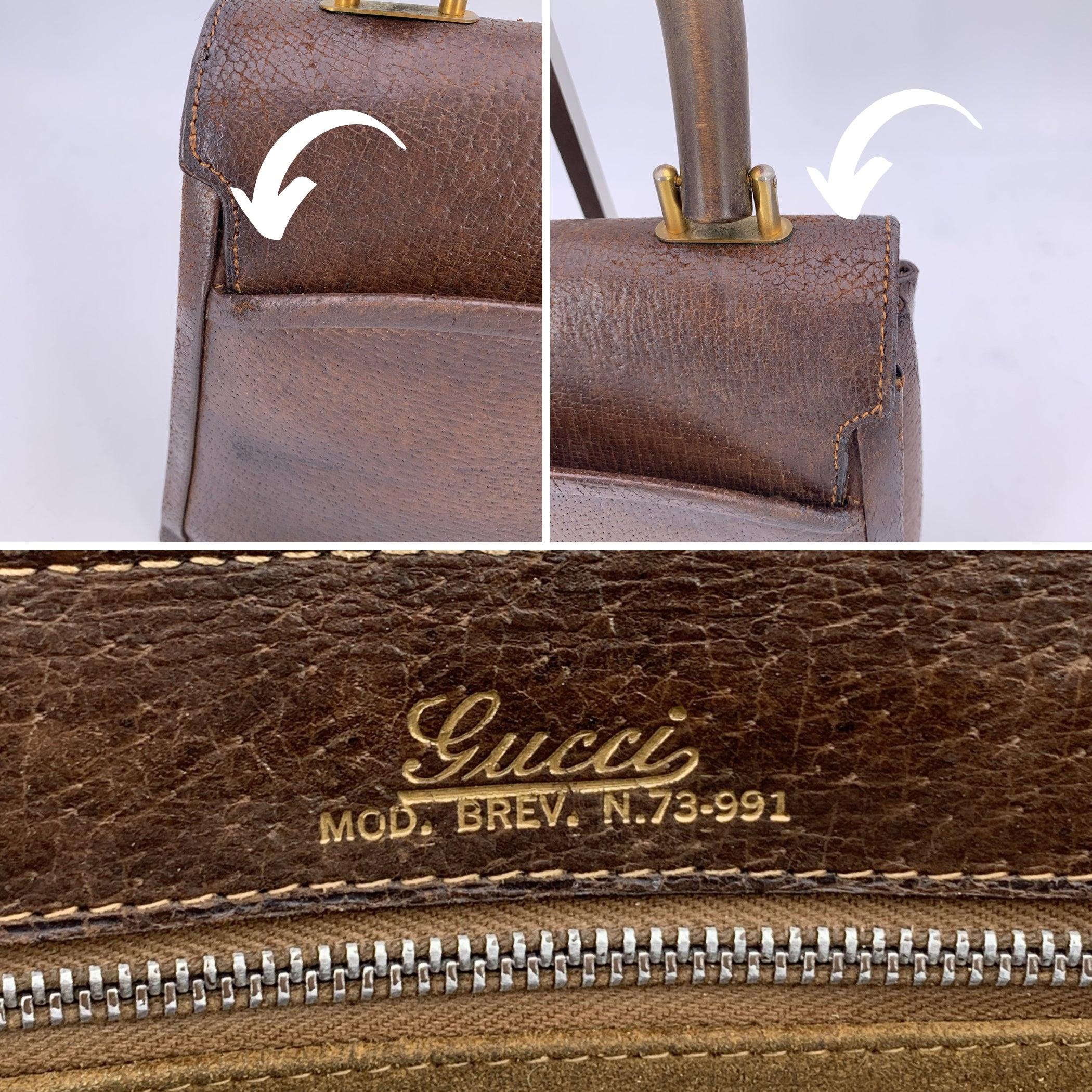 Gucci Vintage Braun Leder Top Wood Handle Tasche Handtasche im Angebot 1