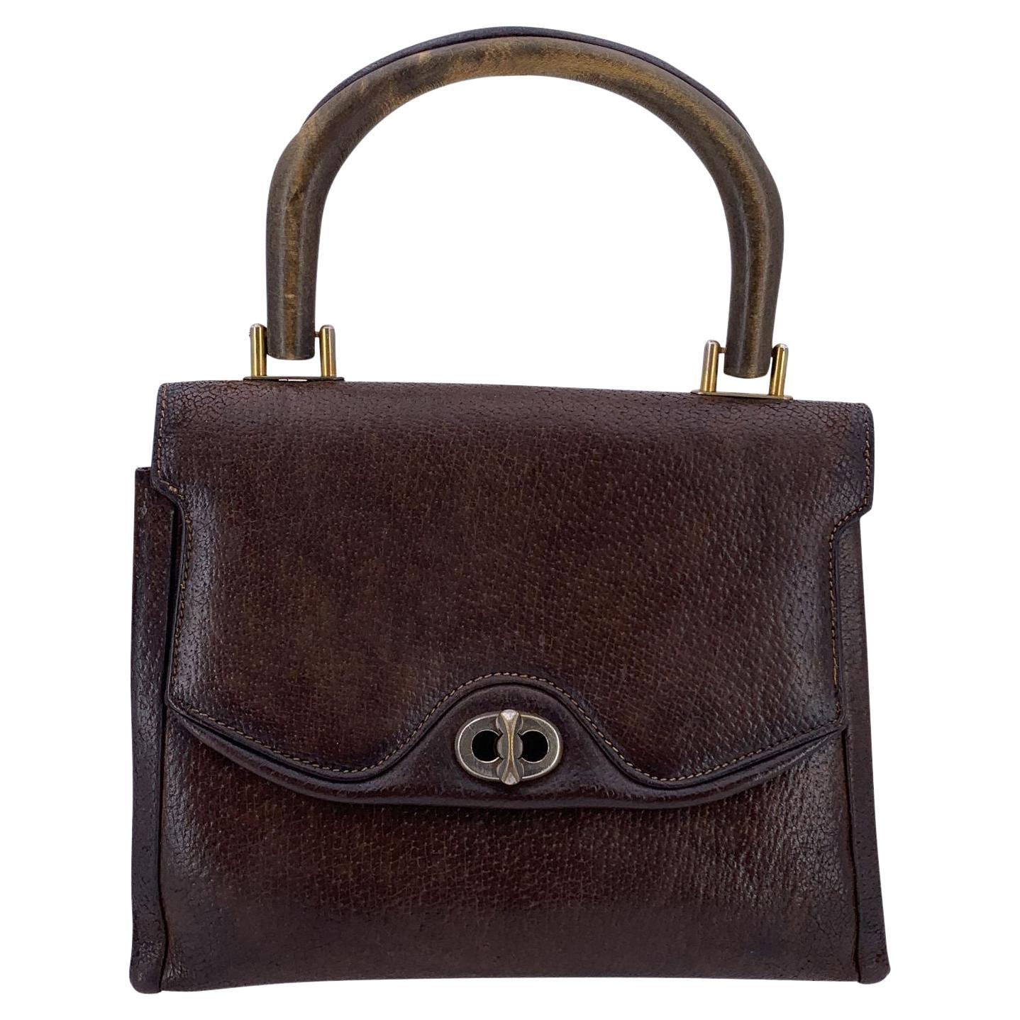 Gucci Borsa a mano in pelle marrone vintage con manico in Wood