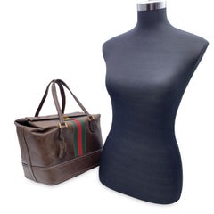 Gucci Vintage Brown Leather Travel Bag Train Case with Stripes