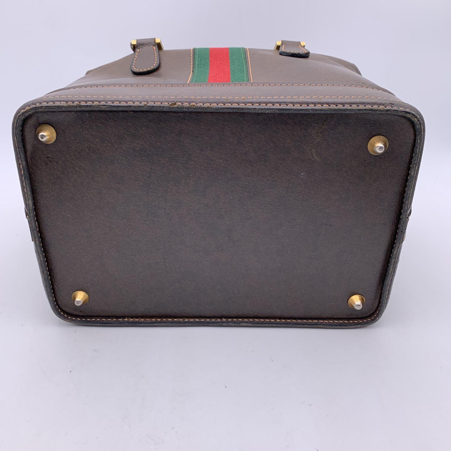 Gucci Vintage Brown Leather Travel Bag Train Case with Stripes 3